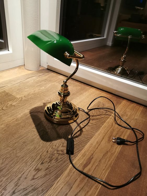 QJUZO Vintage Bankerlampe Weiß Mit Grünem Glasschirm – Einstellbare Tischlampe Für Büro & Wohnzimmer