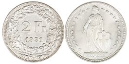 2 Franken von 1931 (unzirkuliert bis Stempelglanz)
