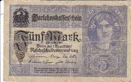 5 Mark Darlehenskassenschein Deutsches Reich 1. Aug. 1917