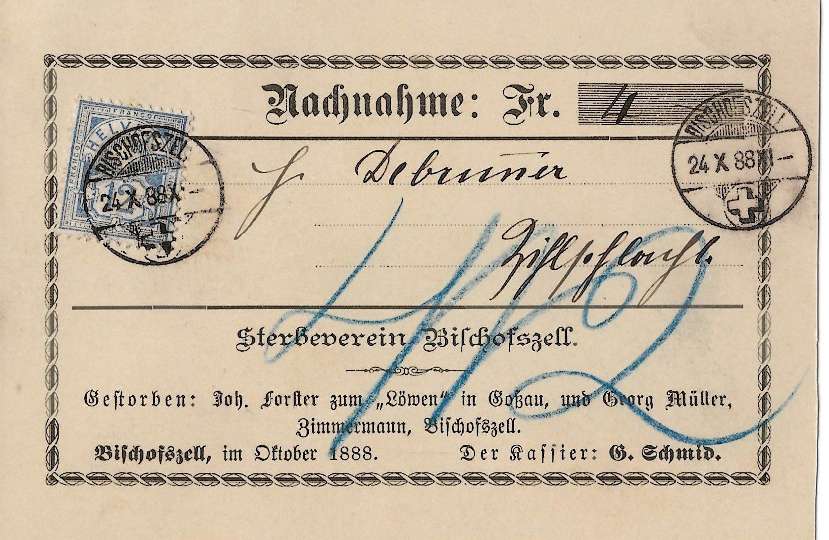 Ansichtskarten: Vollstempel Bischofszell TG, 1888 - Nachnahme, 12 Rp. – Gebraucht aus Frauenfeld von Merk52