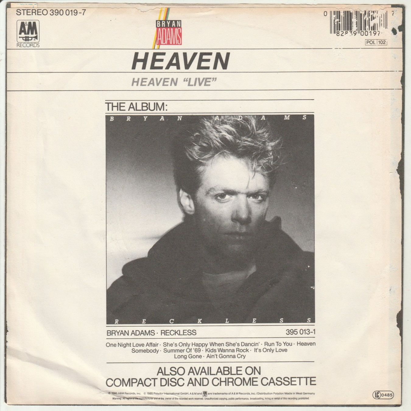 Dischi in vinile: Bryan Adams - Heaven 7" Vinyl 1984 – Usato da Tübach venduto da JamesStone 1