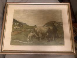 A.Thomann Lithographie Bauernleben gerahmt