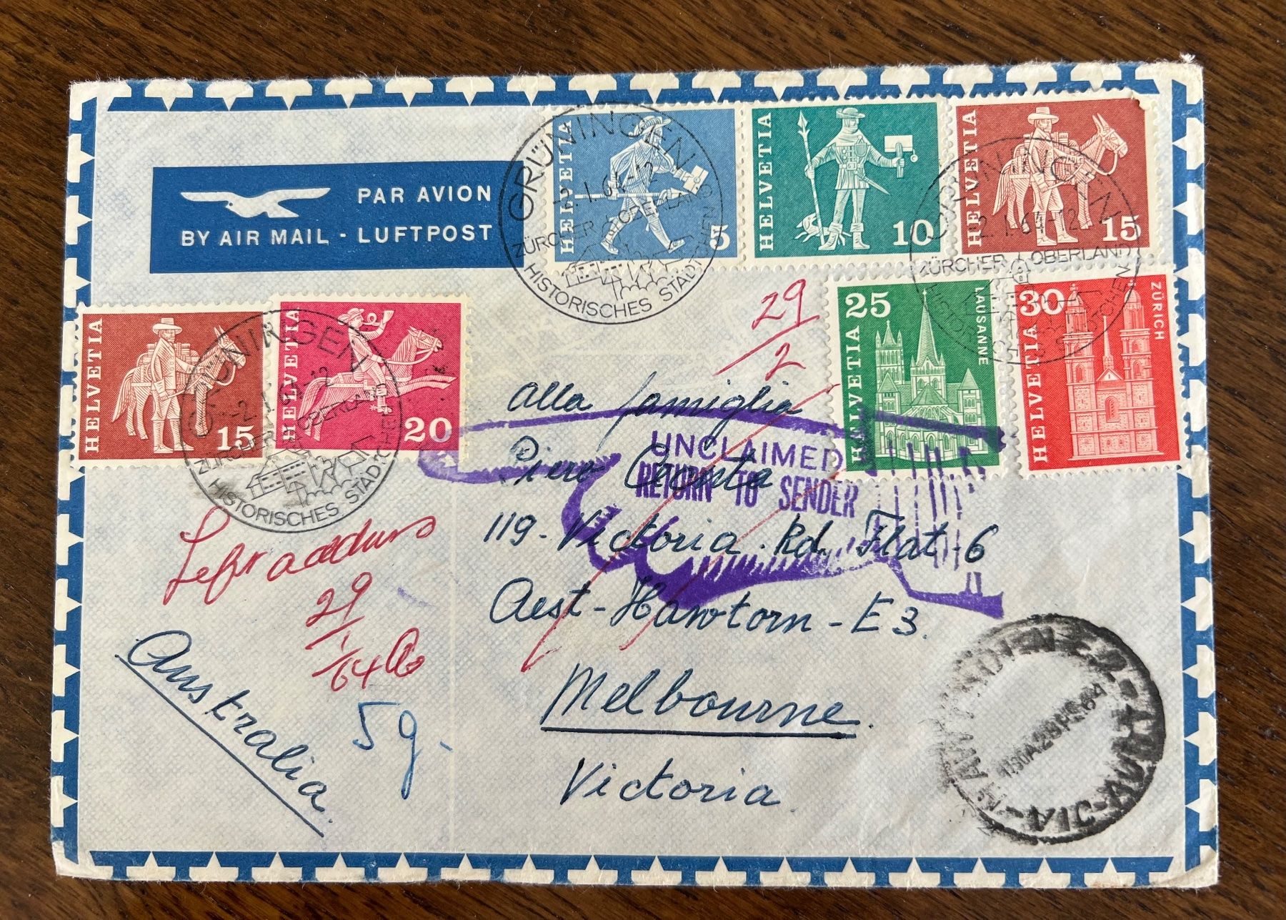 Tutti i francobolli: Luftpost-Brief nach Australien – Usato da Grueningen venduto da ant_qb8l