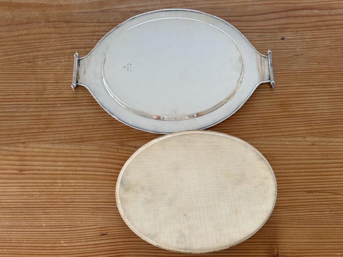 Piatti di portata: Antikes Serviertablett, oval, versilbert, Holz, Vintage – Usato da Lanzenhäusern venduto da Galaa 1