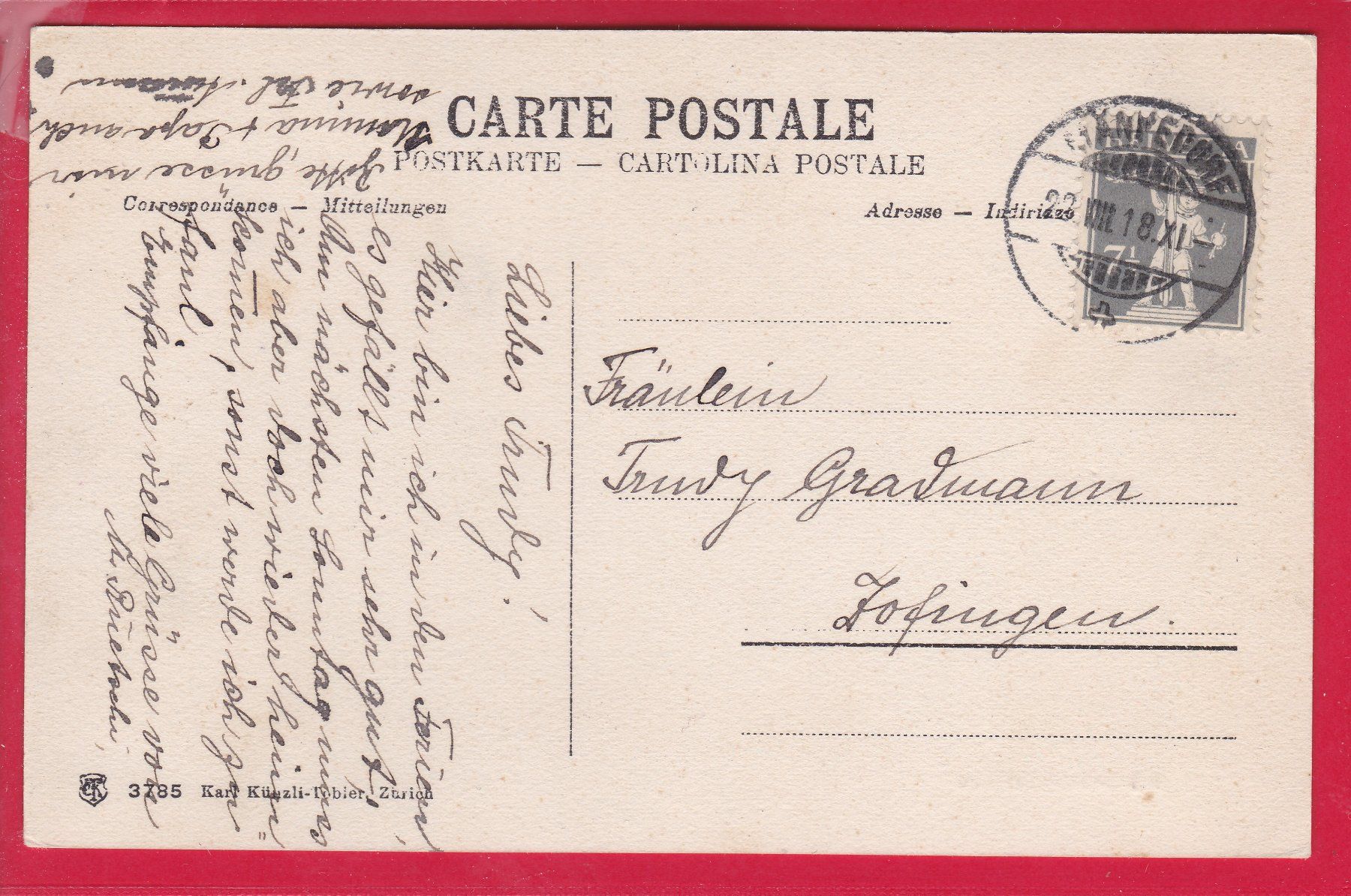 Cartoline postali: MÄNNEDORF AM SEE, 28.8.1918 – Usato da Oberrieden venduto da Gebirgsstelze 1