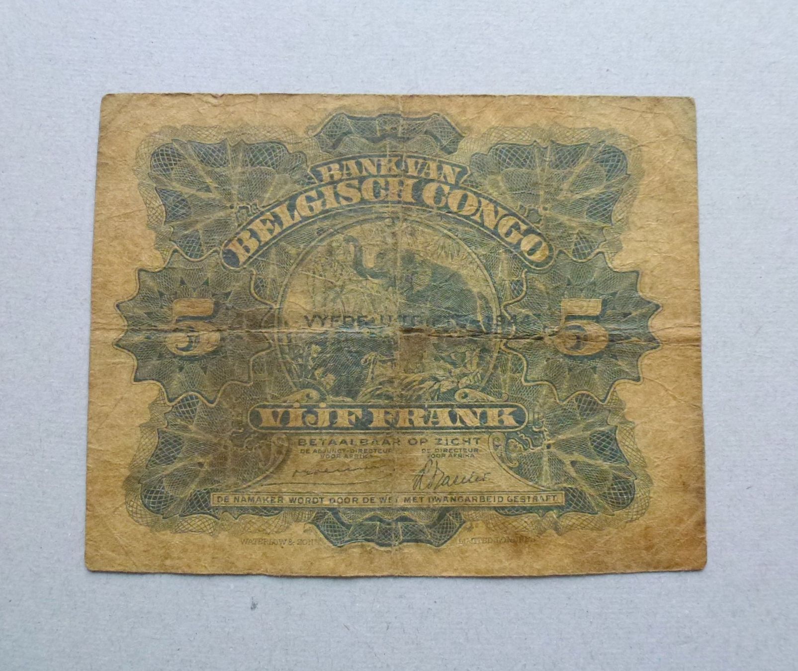 Banconote: Belgisch Congo ++ 5 Francs 1944 – Usato da Walkringen venduto da Casablanca777 1