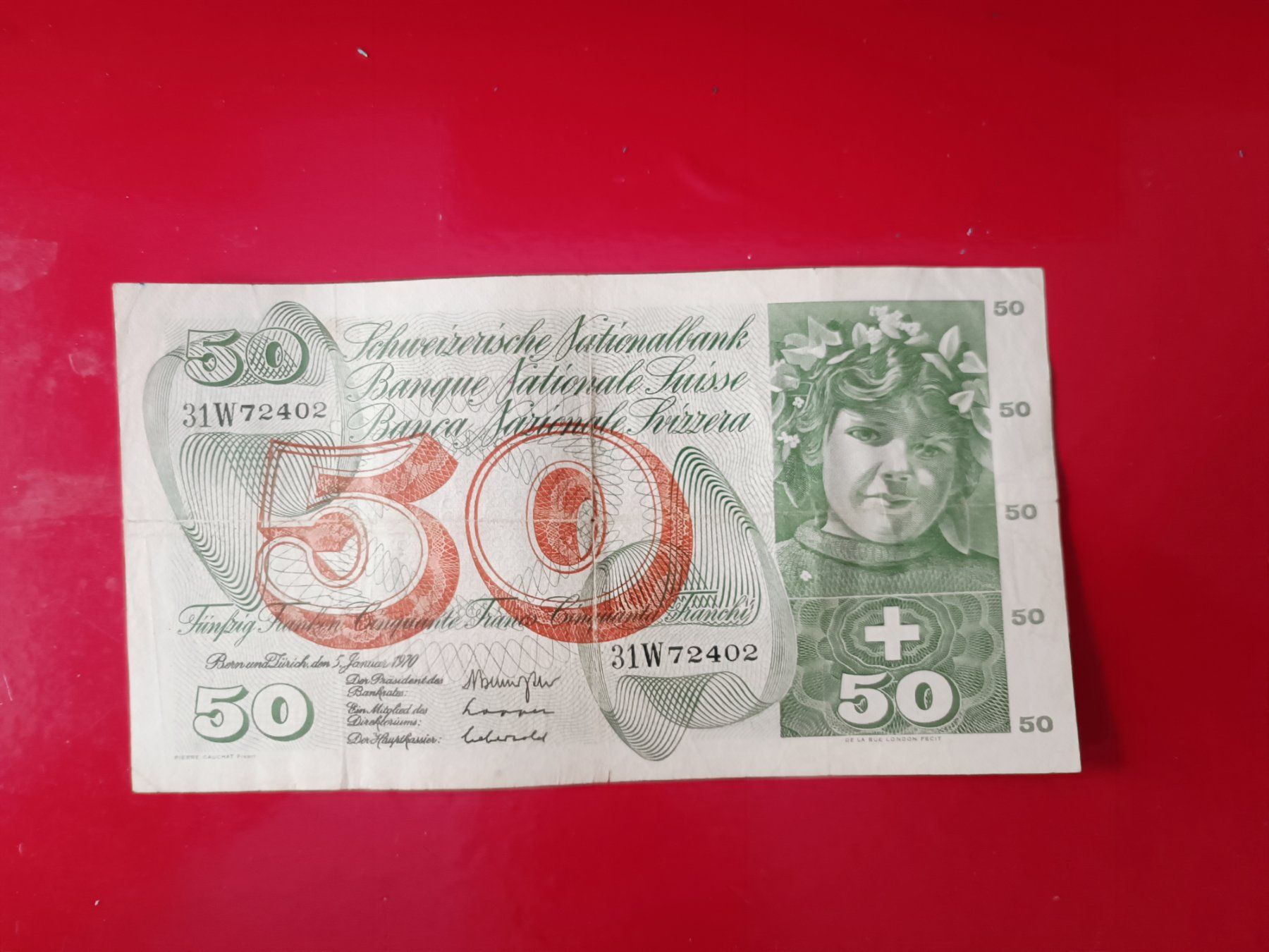 Banconote: Alte SCHWEIZER BANKNOTE 50 Fr APFELERNTE 5.Jan.1970 – Usato da Glis venduto da MYS-Wallis2020 2