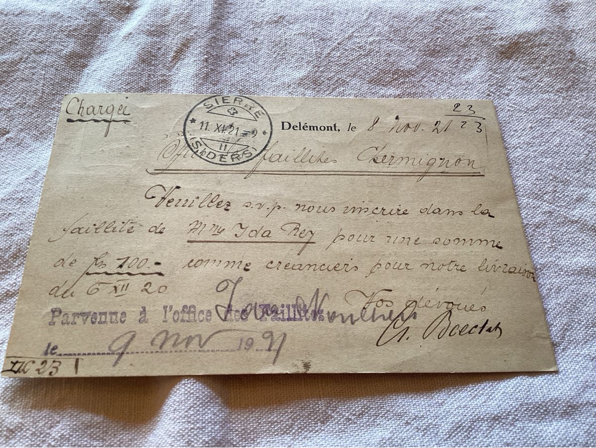 Cartoline postali: Delémont recommandé pour Sierre 1921 – Usato da Luc (Ayent) venduto da Rebouille 2