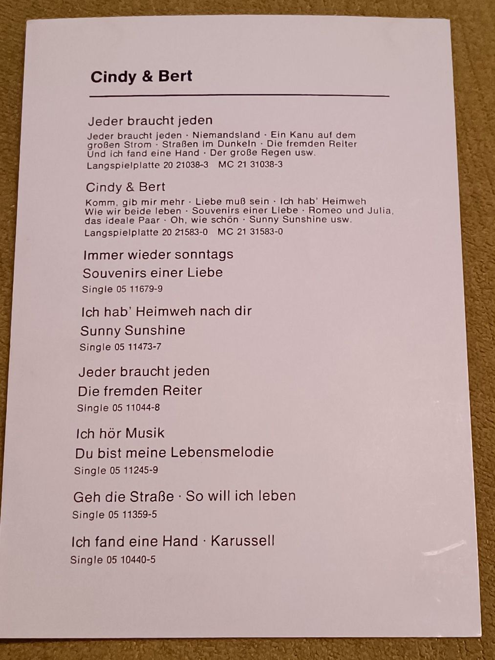 Autografi: Cindy & Bert - Autogramm aus den 80er – Usato da Menziken venduto da Autogramme 1