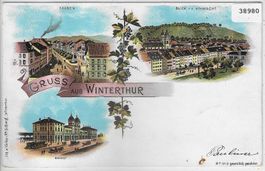 Gruss aus Winterthur - Graben, Hohwacht, Bahnhof - Litho