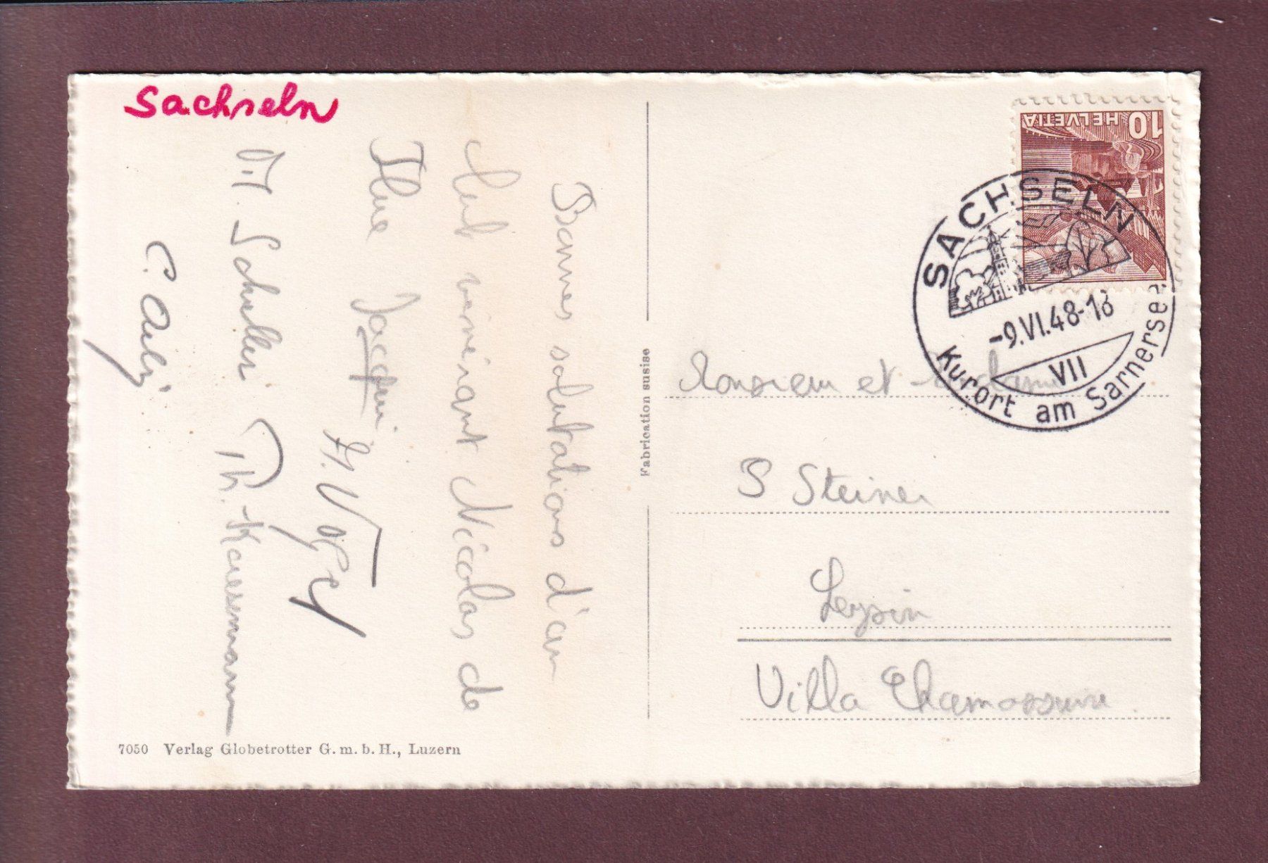 Cartoline postali: SACHSELN - Pilatus - 1948 – Usato da Pully venduto da nicecards 1