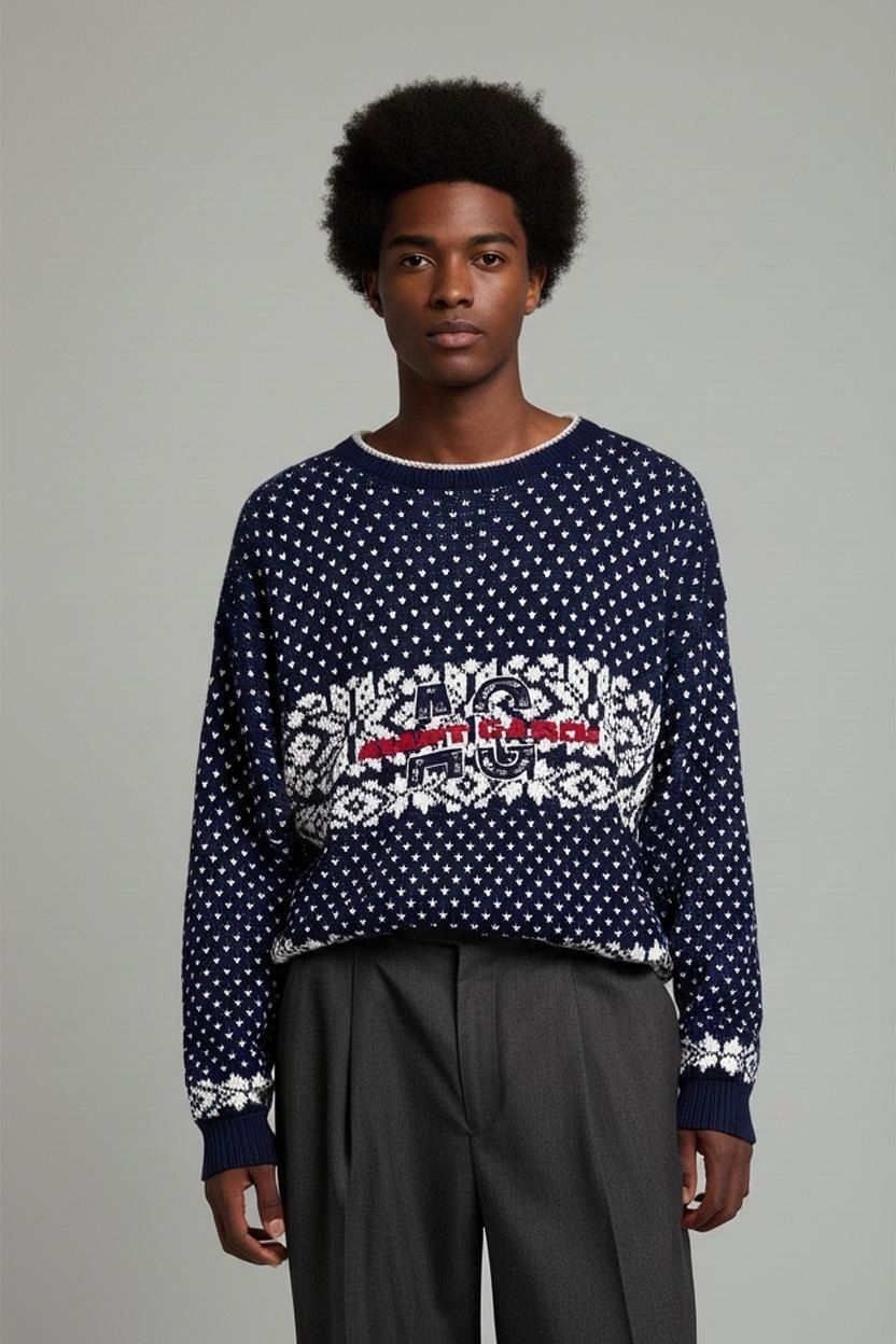 Maglioni & Felpe: Avantgarde Marineblau & Weiß Gemusterter Strickpullover – Usato da Zug venduto da vinokilo