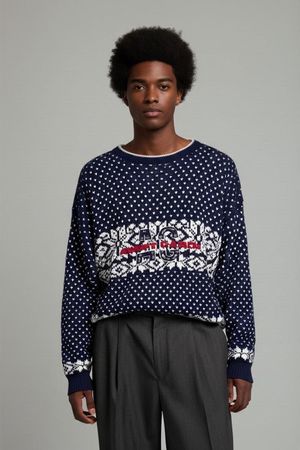 Avantgarde Marineblau & Weiß Gemusterter Strickpullover