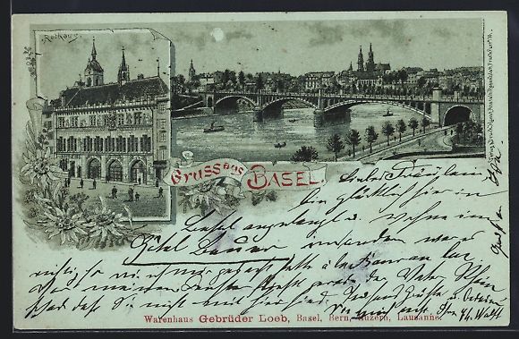 Ansichtskarten: Mondschein-Lithographie Basel, Rathaus,  – Gebraucht aus Berlin von bartko-reher