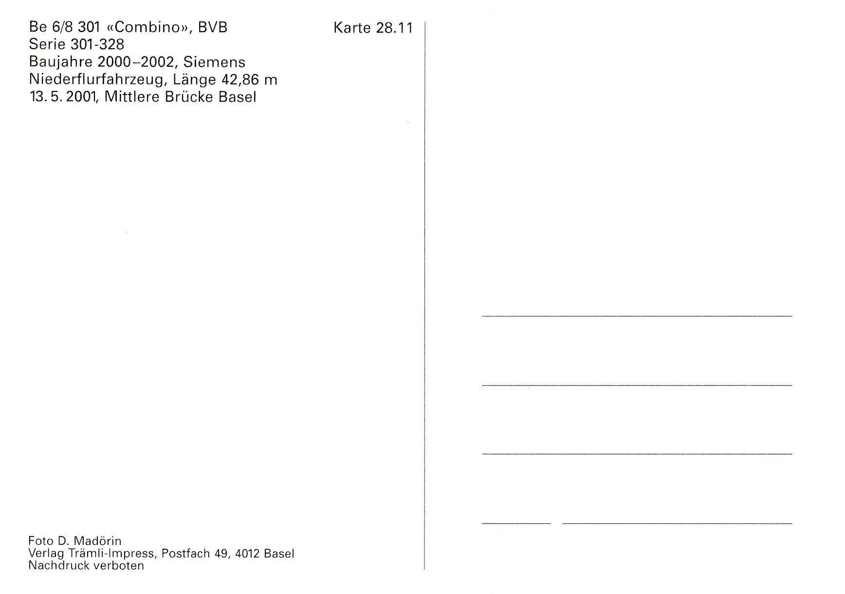Cartoline postali: Strassenbahn Basel BVB Be 6/8 301 – Nuovo e nell'imballaggio originale da Ettingen venduto da Pantograph163 1