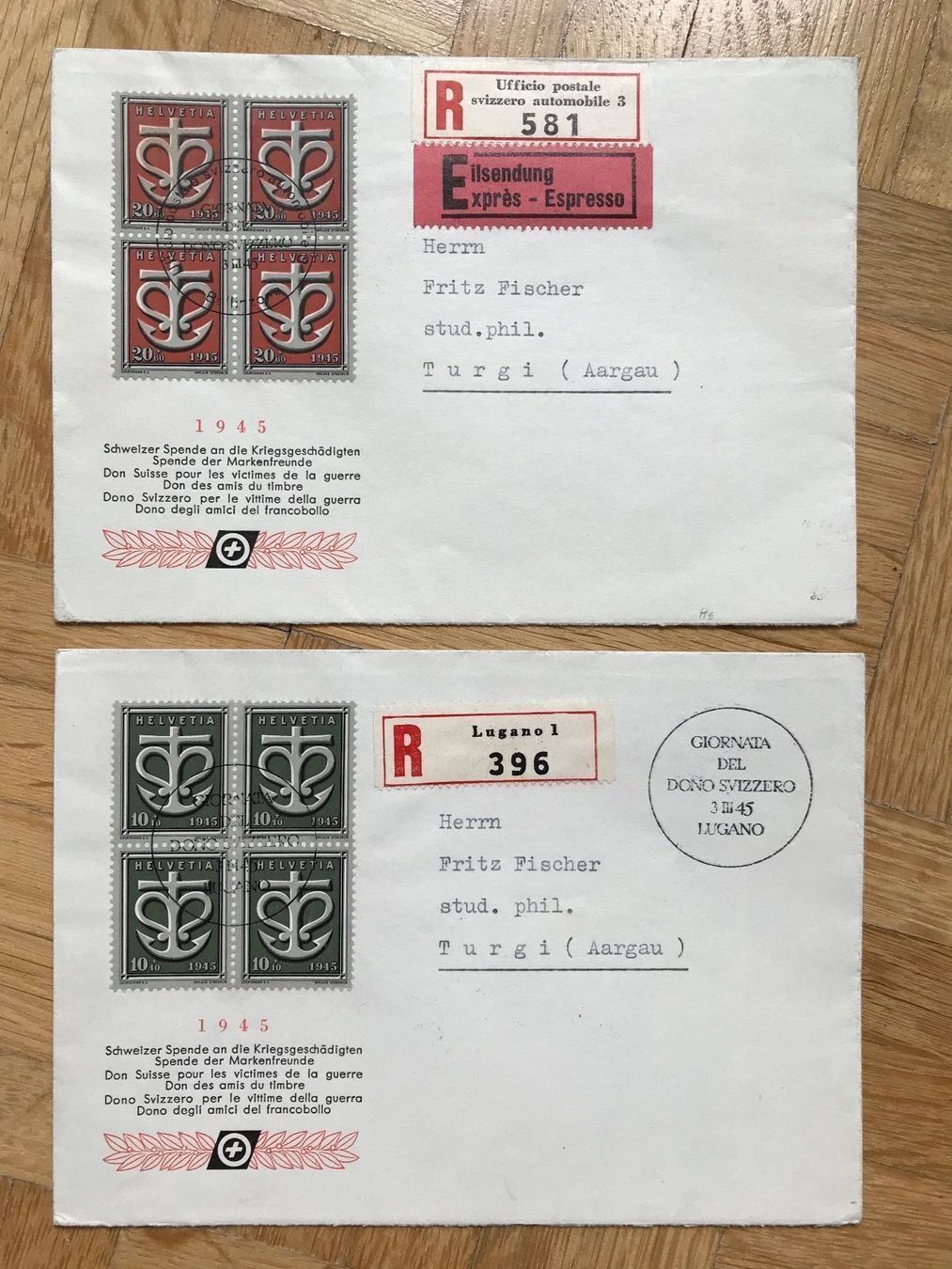 Tutti i francobolli: 1945 Sondermarken W19 + 20 auf Couvert – Usato da stäfa venduto da brandy66