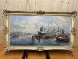 Ölgemälde Hafenansicht im Barockrahmen, Signatur P. Schaik
