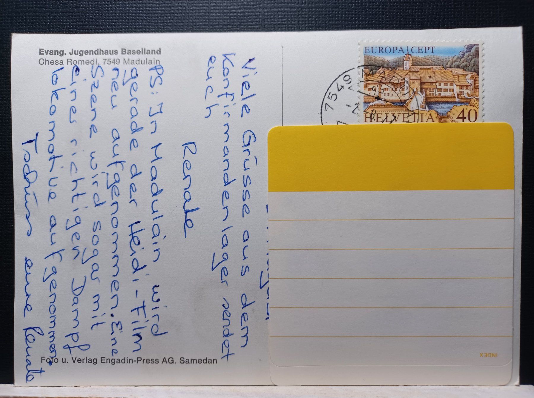 Cartoline postali: Madulain, Jugendhaus, 1977, Chesa Romedi – Usato da Aarau Rohr venduto da mgvw 3