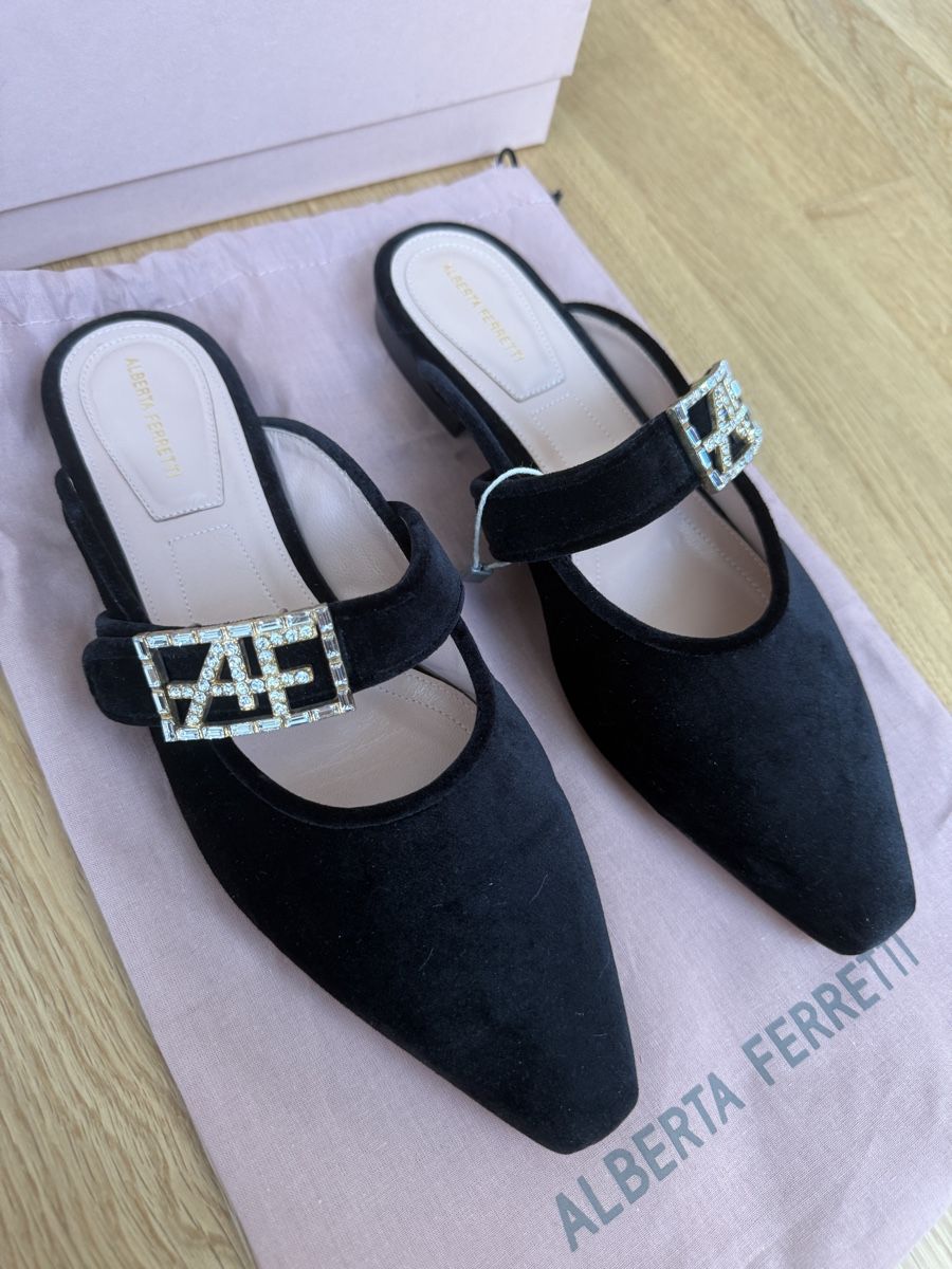 Damenschuhe: Alberta Ferretti Samt Mules Schwarz Gr. 38 Neuwertig – Neu und originalverpackt aus Zürich von vintagewiedikon 2