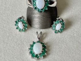 Set aus Opal und Smaragd, Silber 925, Gr. 58, NEU