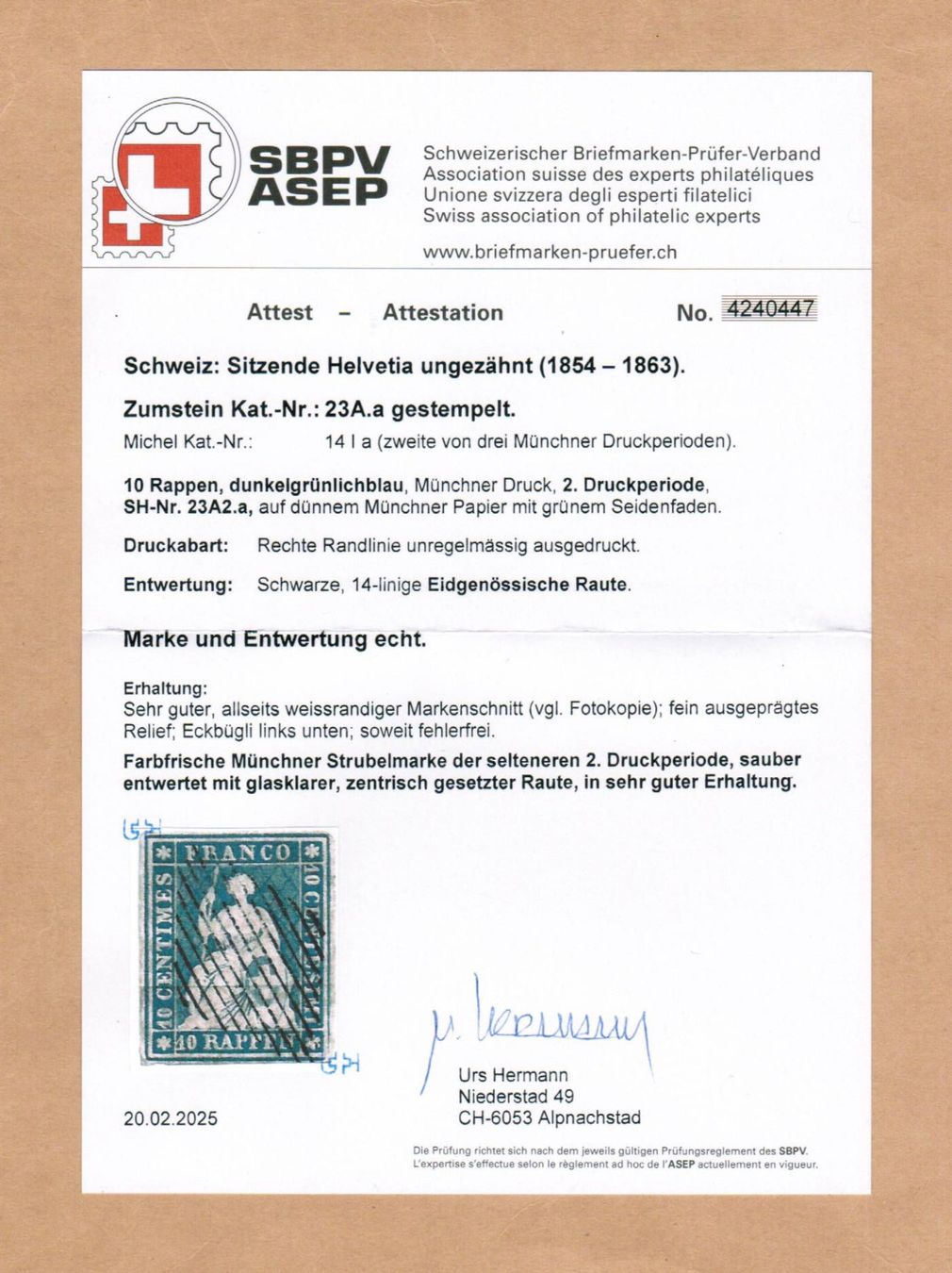 Tous les timbres: Strubel - Nr.23A2 - Attest Hermann – D'occasion à Bern par peri02 2