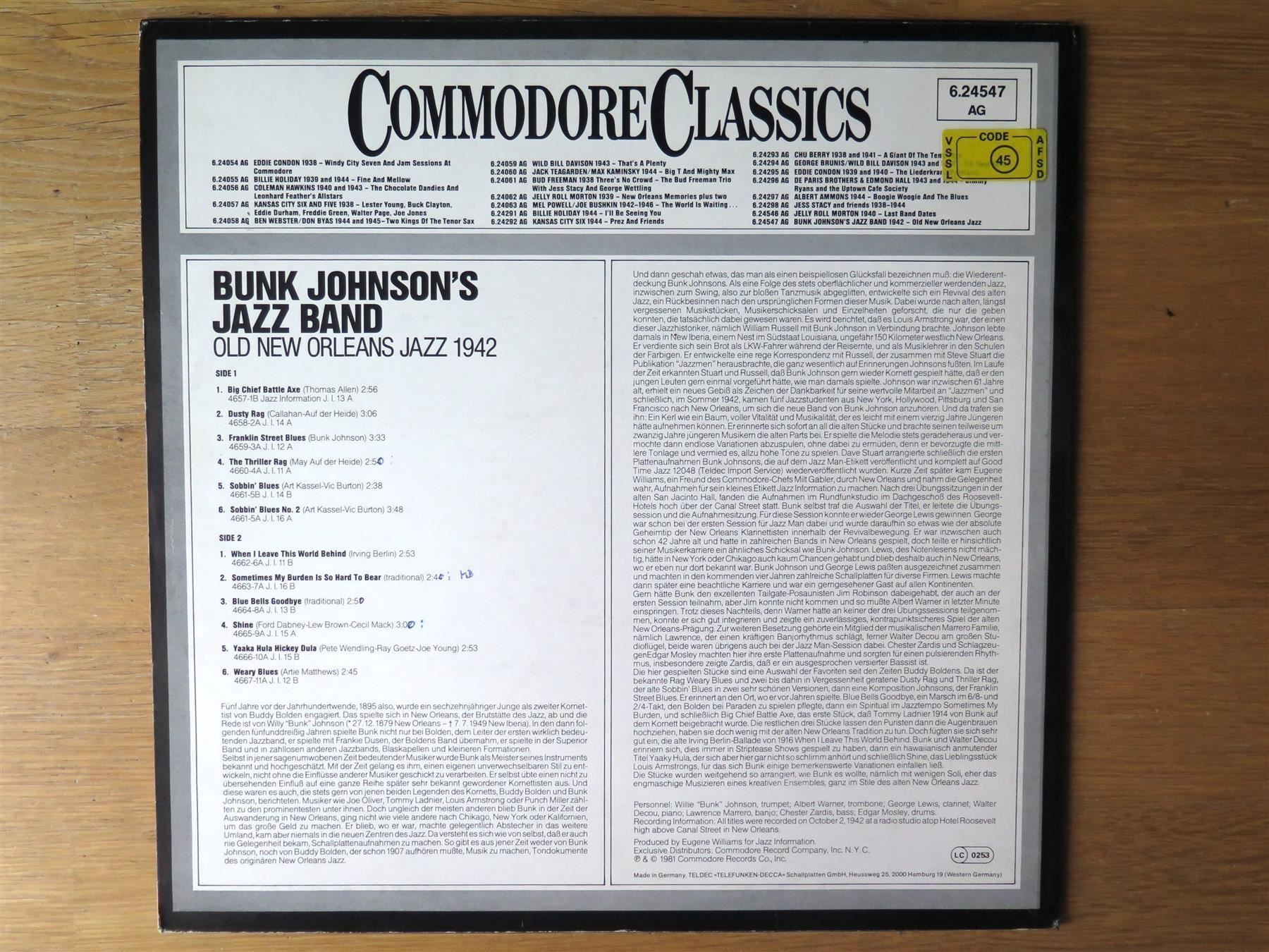 Dischi in vinile: (p) LP BUNK JOHNSON'S JAZZ BAND 1942 – Usato da Bern venduto da Balzamico 1