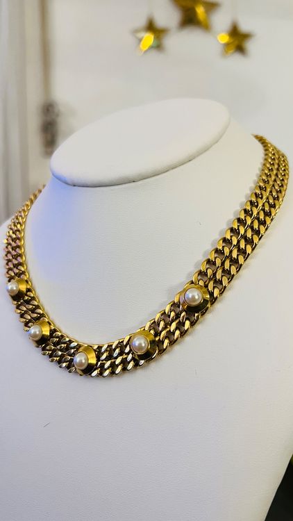 Collier en fausses perles Chanel Gold CC Métal Marron Beige Doré ref