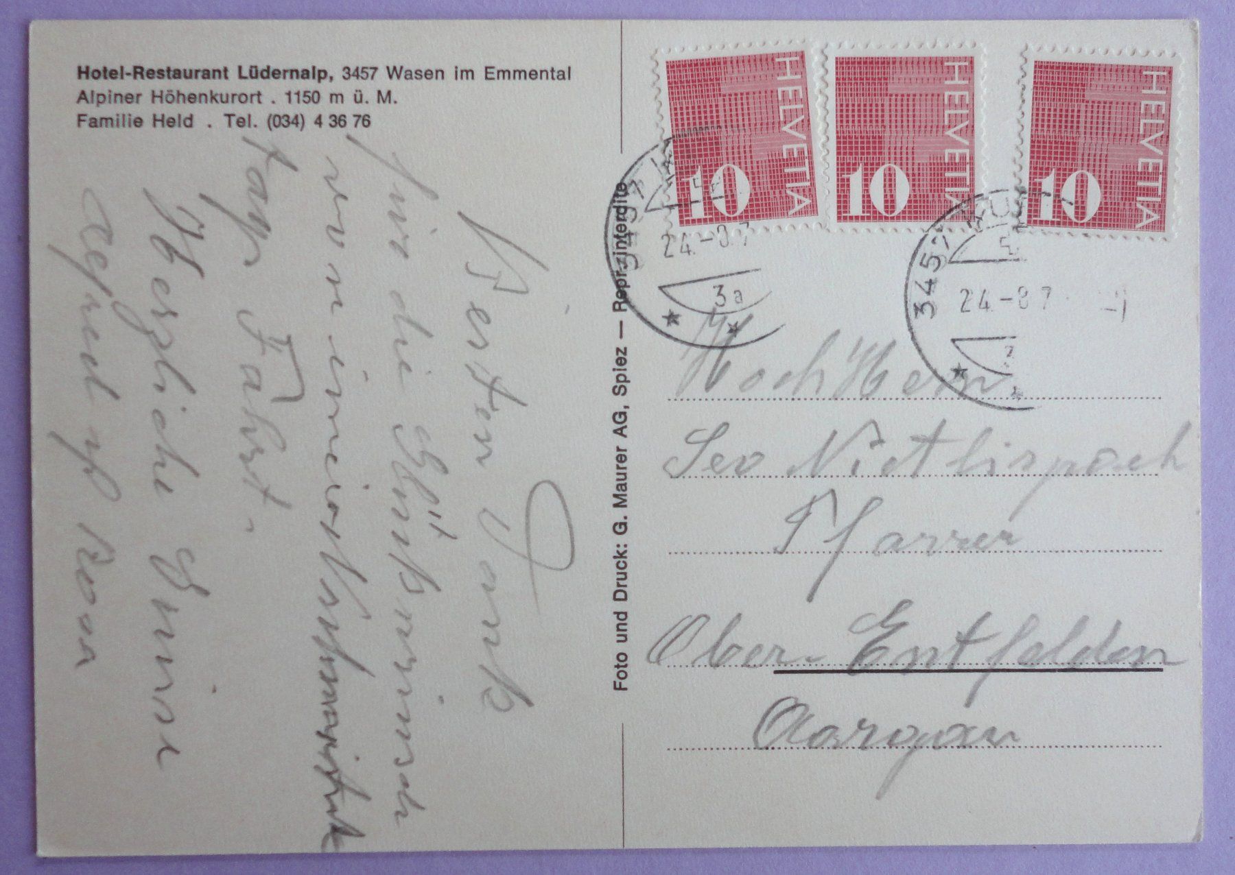 Cartoline postali: Hotel-Rest. Lüdernalp, Wasen i. E. – Usato da Fétigny venduto da Billy2miny 1