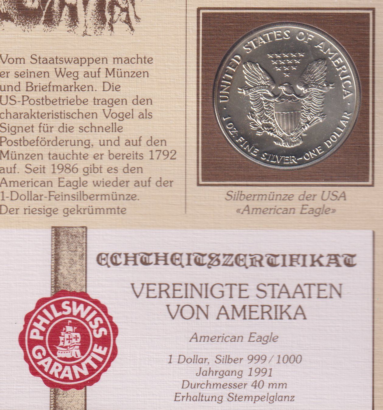 Alle Münzen: USA Silberdollar Eagle1991 'Entdecken Sie Amerika' – Gebraucht aus Eschlikon TG von PhilCon 1
