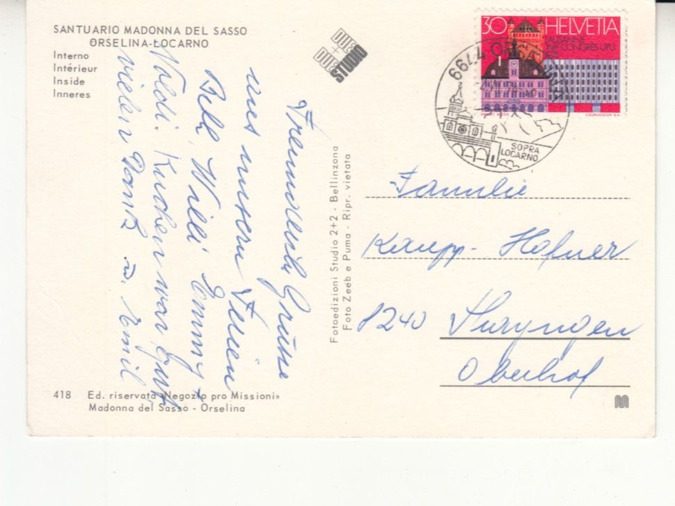 Ansichtskarten: Madonna del Sasso 1974 – Gebraucht aus Bürglen TG von StampGraf 1