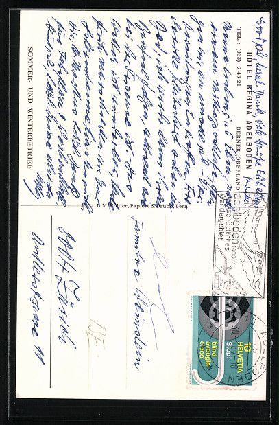 Cartoline postali: AK Adelboden, Hotel Regina, 1967 – Usato da Berlin venduto da bartko-reher 1