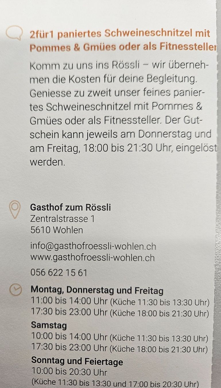 Buoni: Rest. Rössli Wohlen – Nuovo e nell'imballaggio originale da Uezwil venduto da Jasmin_ 1
