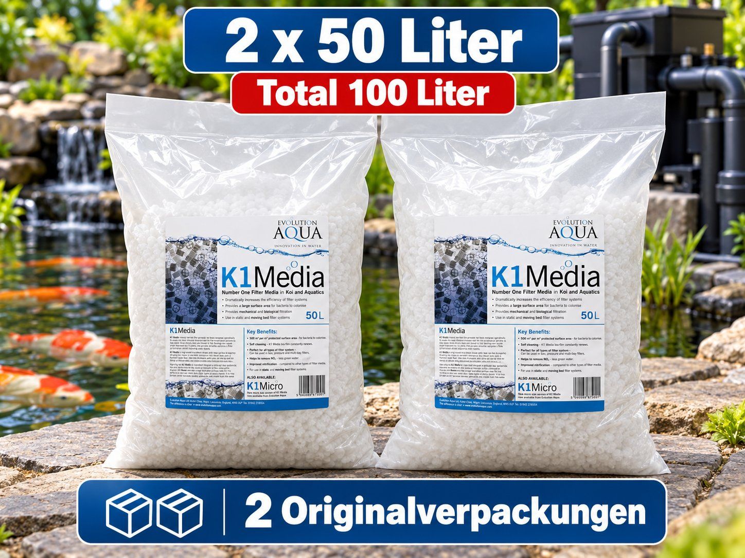 2 × Evolution Aqua K1 Media – je 50 Liter – neu / ungeöffnet (Neu und ...