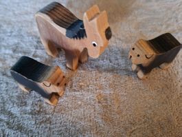 Vintage Holztierli, Esel und 2 Hunde, Bauernhof