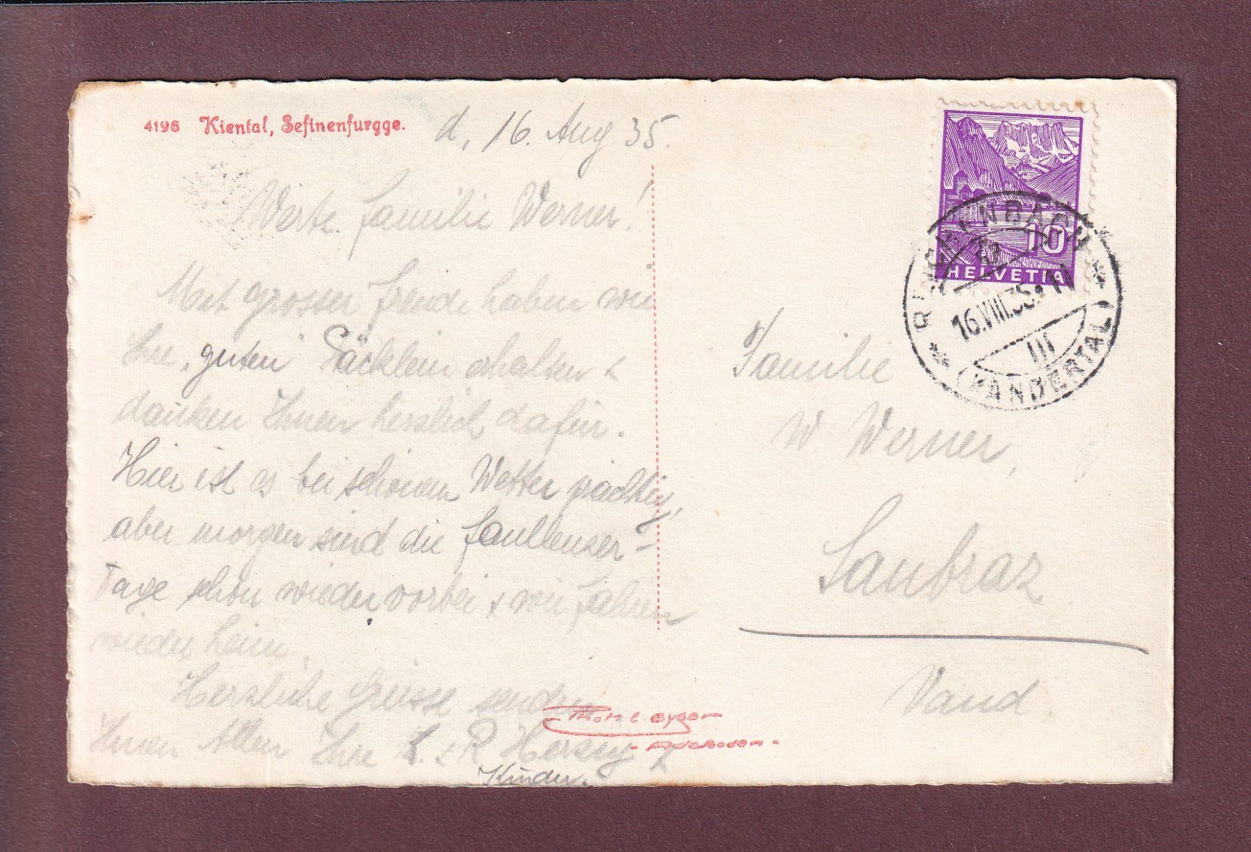 Cartoline postali: KIENTAL - Sefinenfurgge - 1935 - E. Gyger – Usato da Pully venduto da nicecards 1