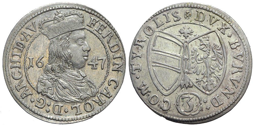Tutti le monete: 3 Kreuzer 1647, Hall (Tyrol) – Usato da Chiasso venduto da Novamarketing
