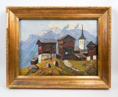 Village valaisan, raccards et clocher sous les Alpes — huile