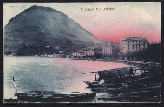 Cartoline postali: AK Lugano, Uferpartie am Abend, 1910 – Usato da Berlin venduto da bartko-reher