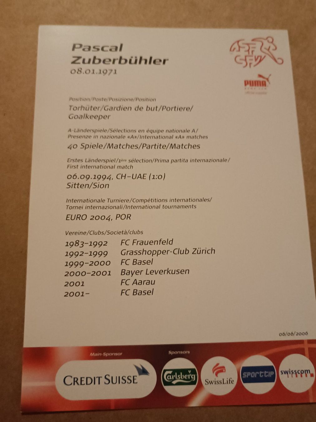 Autographes: Pascal Zuberbühler - handsignierte SFV Autogrammkarte – D'occasion à Menziken par Artographs 1