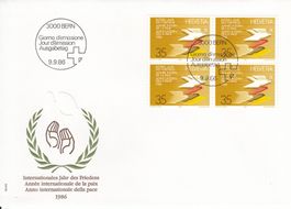 1986 4 FDC Viererblock Frieden Winterhilfe Rotkreuz Kunst