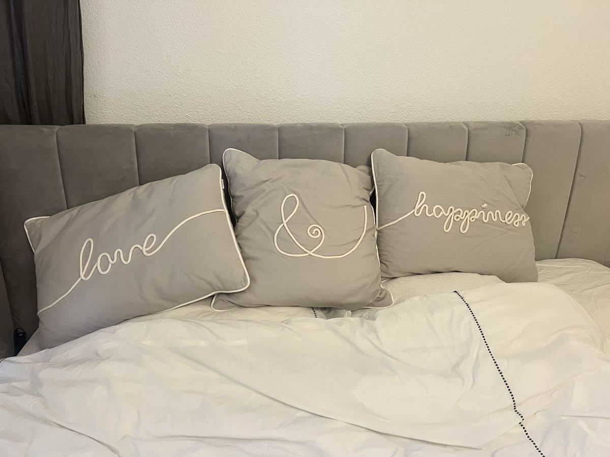 Cuscini: Grey Decorative Pillows: "Love," "Happiness," "&" 3-Set – Usato da Zürich venduto da ginag2684