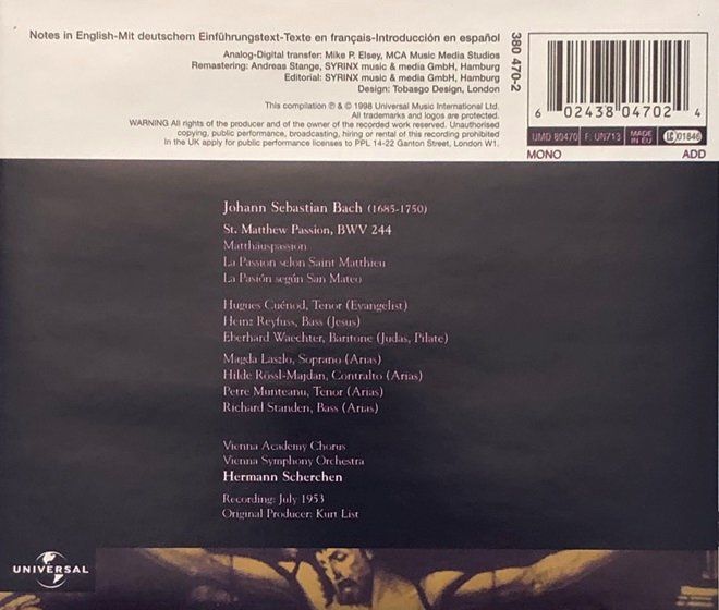 CD: Bach - Matthäus-Passion (Hermann Scherchen) – Usato da Grüningen venduto da azulamarillo 1