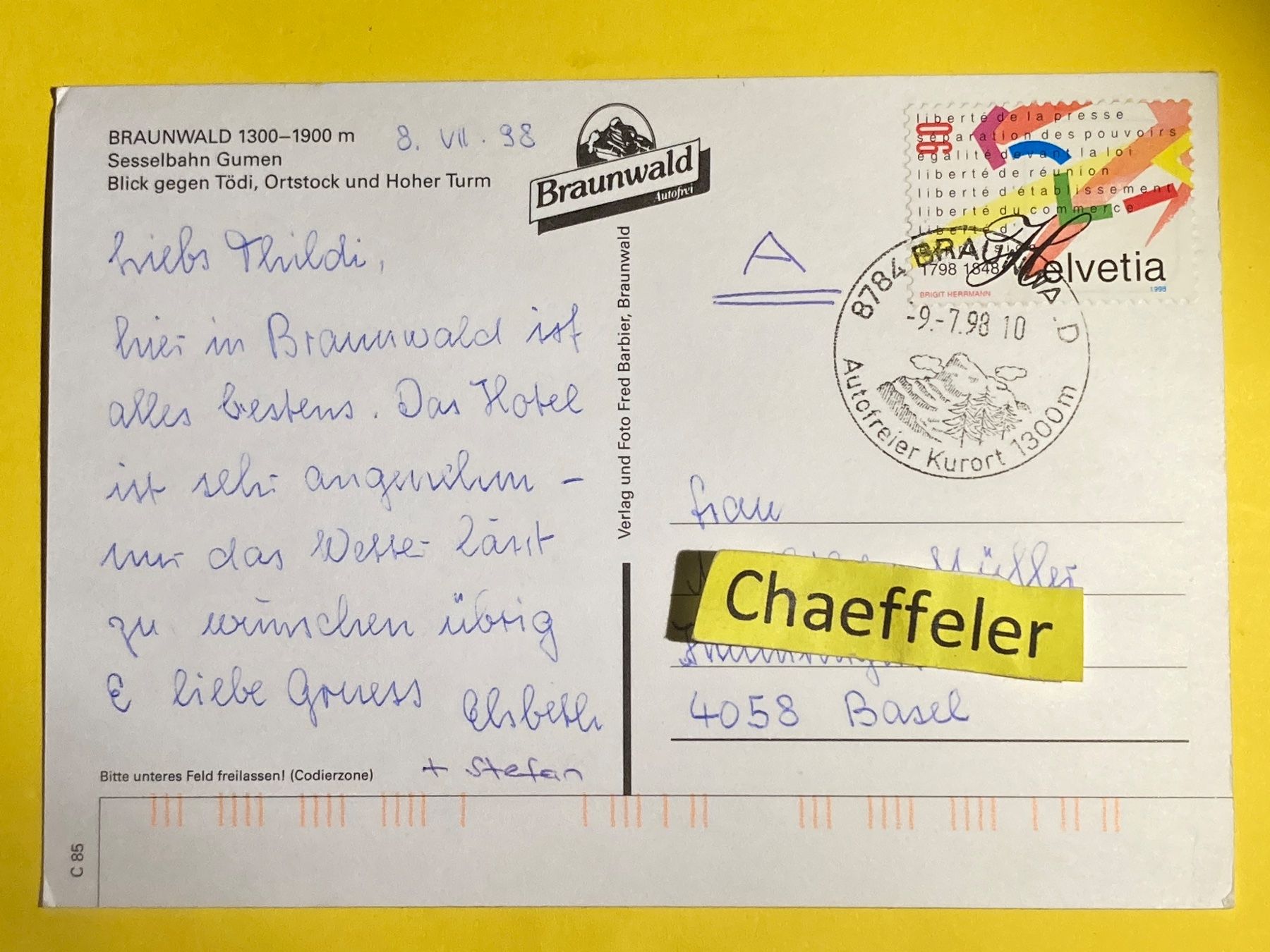 Ansichtskarten: 1998 Braunwald, Sesselbahn Gumen – Gebraucht aus Zürich von Chaeffeler 1