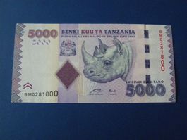 Tansania 5000 Schilling Banknote mit Nashorn, Neu
