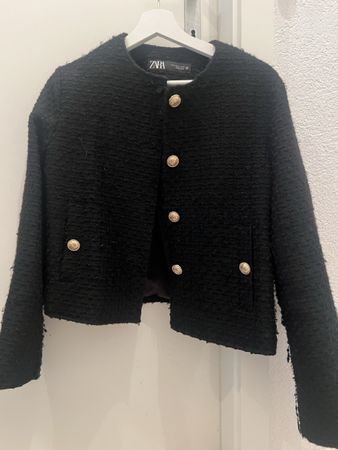 Zara Tweed Jacket - Black with Gold Buttons - Size S