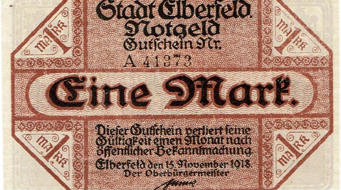 Banconote: Elberfeld 1 Mark 15.11.1918 VZ++-UNZ – Usato da Steffisburg venduto da ber_8htf