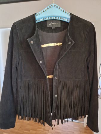 Originelle Wildlederjacke mit Fransen, Schwarz, Gr. S