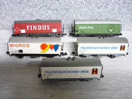 Lot de 5 wagons Trix marchandises N - Findus, Migros, bière!