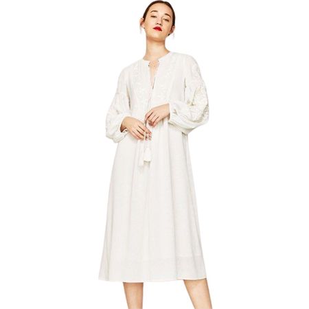 Zara Woman Boho Midikleid Weiss Stickerei – Grösse S