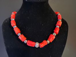 Red Coral & Black Pearl Necklace Sterling Silver